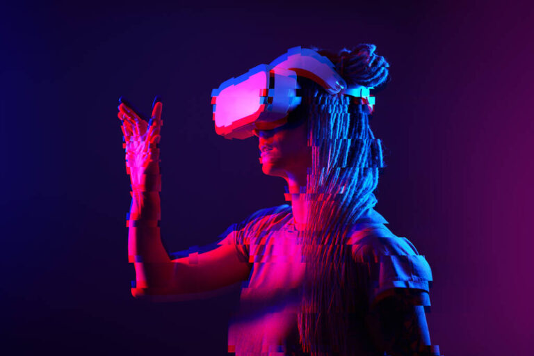 Woman is using virtual reality headset. Neon light studio portrait. Image with glitch effect